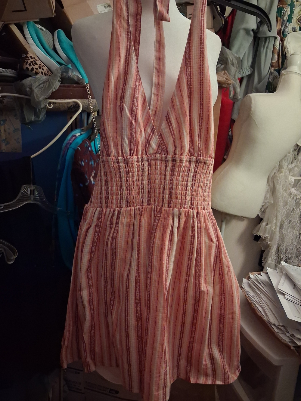 New,with Tag, Orange Woven Striped Halter Mini Dress With Lined Shorts Size Med.